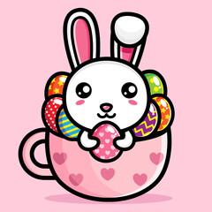 cartoon cute bunny vector design is in a cup filled with easter eggs