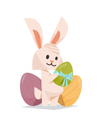 cute rabbit holding decorated eggs happy easter spring holiday celebration greeting card poster horizontal vector illustration