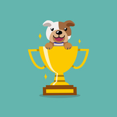 Cartoon character bulldog with gold trophy cup award for design.