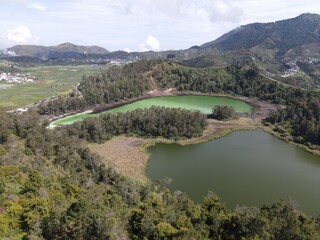 Aerial view of Telaga Warna lake in Dieng Wonosobo, Indonesia