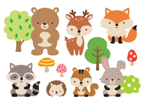 Vector illustration of cute woodland forest animals including a bear, deer, fox, raccoon, hedgehog, squirrel, and rabbit.