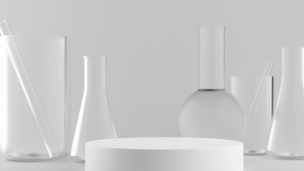 3d render of white podium with laboratory glassware for product display - obrazy, fototapety, plakaty