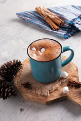 Blue mug with chocolate with mash mellows