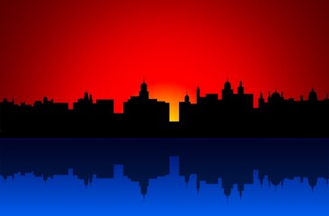 Night landscape of the city. Vector illustration of the contours of city buildings in the early rays of the sun with a reflection in blue water. A blank for creativity.