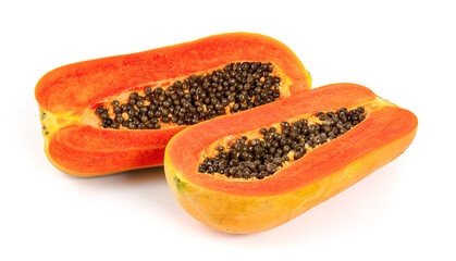 half of ripe papaya fruit with seeds isolated on white background