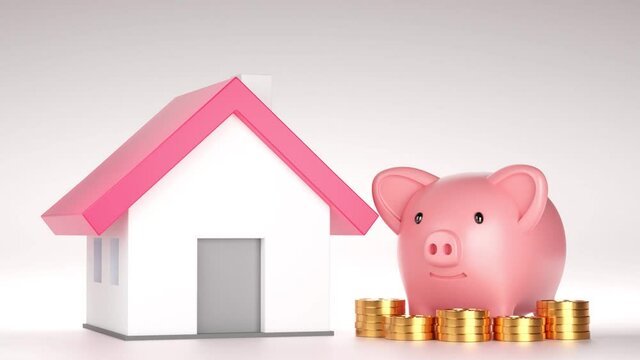 Piggy bank and model house with stack of gold coin, Saving money for house concept, 3D animation render Full HD.