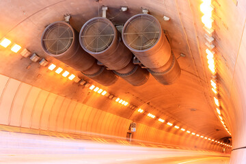 Car Light Trail of Westbound Traffic inside Caldecott Tunnel. Berkeley Hills, California, USA.