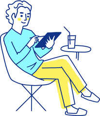 タブレット端末を操作する若い男性