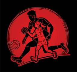 Gaelic Football Male and Female Players Action Cartoon Graphic Vector