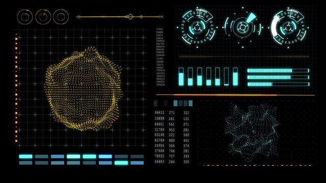 HUD technological futuristic elements. Elements of the sci-fi circle appear and disappear in the HUD pattern. Graph, Scale, Text, Rotation, Animation. Statistical data.