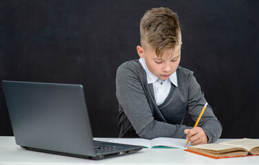 Pensive teen boy uses laptop at school. Distance education concept