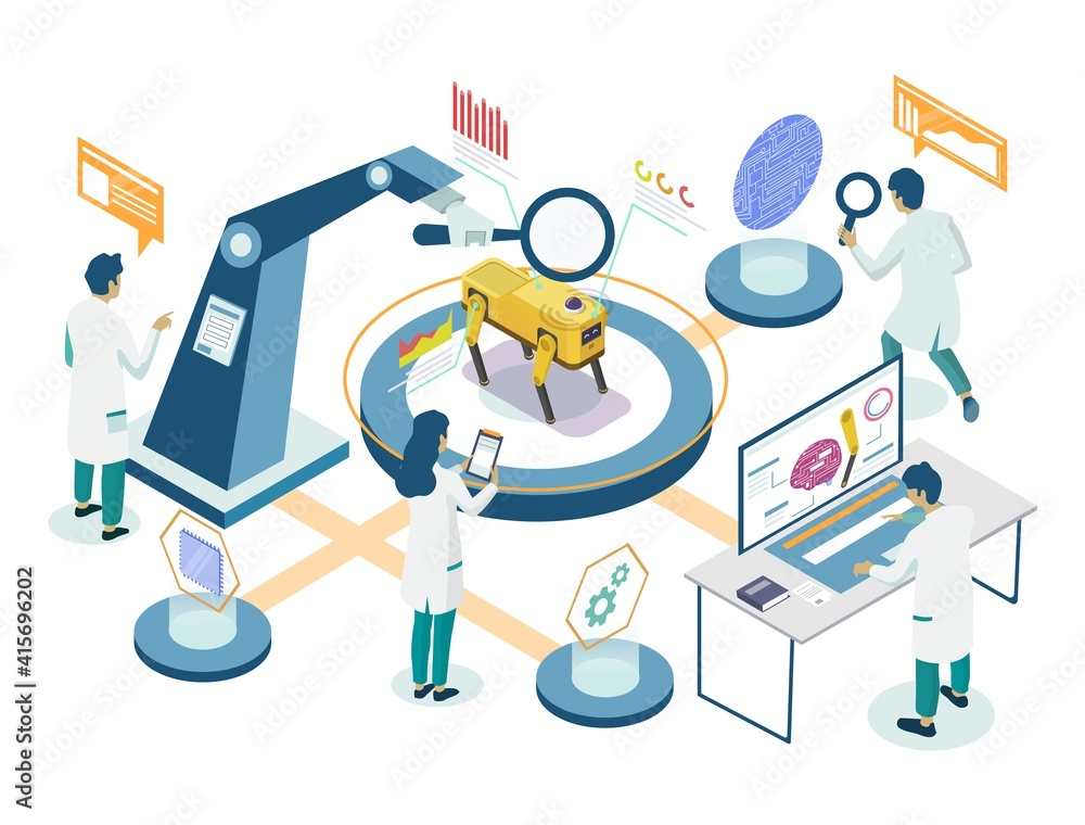 Poster robots laboratory research isometric flowchart, vector illustration. scientists, engineers building,