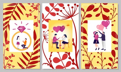 Collection of cards with loving couples. Romantic couples on date, vertical cards with young men and women in love on floral background. Flyer, invitation, poster, banner design vector illustration