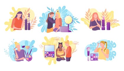 Different makeup artists applying makeup set. Women stylists doing makeup to girls using different tools. Girls putting makeup on their faces flat vector illustration