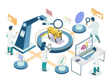 Robots laboratory research isometric flowchart, vector illustration. Scientists, engineers building, programming, testing robot dog intelligent machine. Artificial intelligence science.