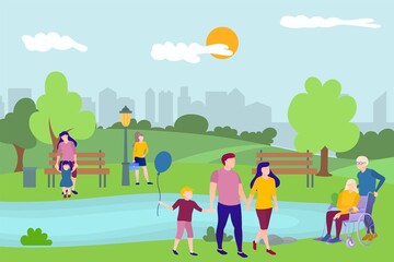 People relaxing in nature in urban park. Summer landscape with parents walking with children, elderly people relaxing outdoors, people resting on lake flat vector illustration