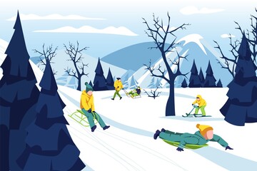 Boy riding his sleigh on hill. Kid wearing warm winter clothing sledding down snowy hill. Child having fun outdoors in winter season cartoon vector illustration