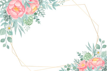Pretty peonies floral frame with geometric frame perfect for wedding, bridal shower, invitation, card or other design