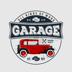 Car repair service, vintage Logo design concept with classic retro car. Vector illustration	