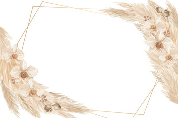 Rustic pampas grass and orchid frame background - obrazy, fototapety, plakaty