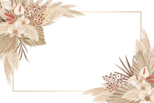 Bohemian floral background with pampas grass, palm leaves and orchid
