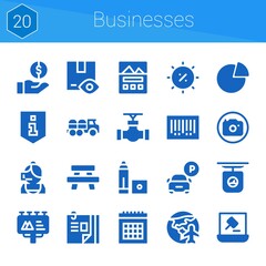 Fototapeta na wymiar businesses icon set. 20 filled icons on theme businesses. collection of Table, Auction, Calendar, Parking, Summer, Scale, Curriculum vitae, Landing page, Truck, Marker