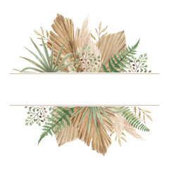 watercolor bohemian floral background frame with dry leaves and fern © R&A Studio