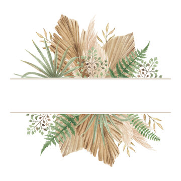 watercolor bohemian floral background frame with dry leaves and fern