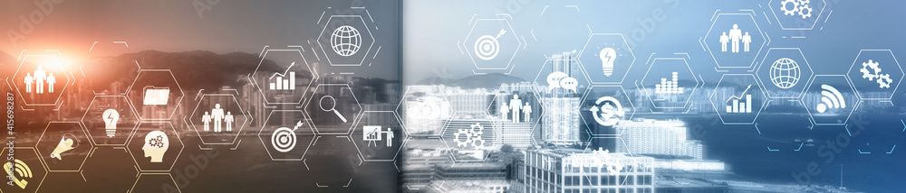 Poster erp enterprise resource planning system on virtual screen with connections between business intellig