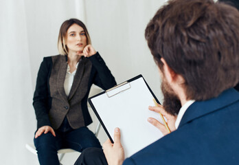 Woman for job interview and business man with documents of employee communication