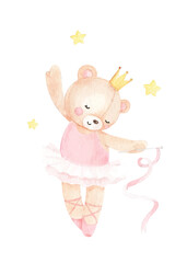 Fototapeta na wymiar Cute little bear dancing, adorable watercolor illustration