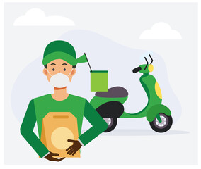 Food delivery service concept ,Male food delivery worker is Delivery paperbag of Food to you. Flat vector cartoon illustration.