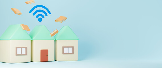 Digital Online Education. 3d of wifi home and books about learning on phone, computer. social distance concept. Classroom Online internet network.