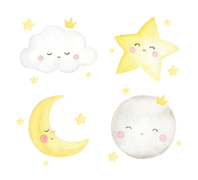 Set of cute little stars, moon and cloud on watercolor