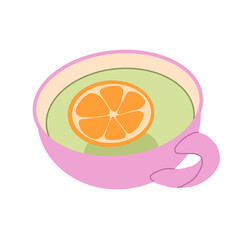 Fragrant green tea with tea bag in a pink mug. Vector hand drawn illustration.