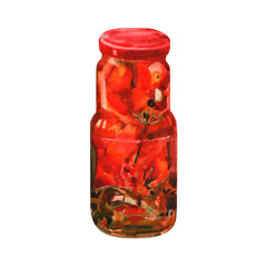 Hand-drawn watercolor illustration of canned vegetables isolated on a white background