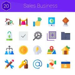 sales business icon set. 20 flat icons on theme sales business. collection of add, repair, euro, brainstorm, crank arm, gps, house, shopping bag, at, barrier, folder, teamwork