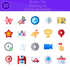 Fototapeta premium books for starting an online business icon set. 20 flat icons on theme books for starting an online business. collection of calendar, settings, reminder, piggy bank, video camera