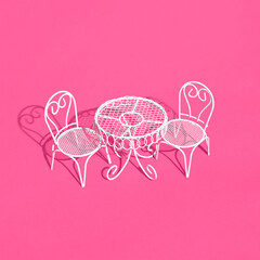 White metal chair and table on bright pink background. Creative trendy layout with sunshine and hard shadow. Cafe, restaurant, summer minimal concept