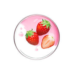 Fresh strawberry with essence on petri dish over white background