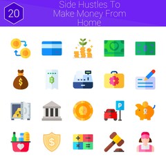 side hustles to make money from home icon set. 20 flat icons on theme side hustles to make money from home. collection of parking, safebox, calculator, banks, piggy bank, coins