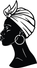 Animation portrait of the young African woman in a turban. Profile view. Monochrome linear drawing. Vector illustration isolated on a white background. Print, poster, t-shirt, card.