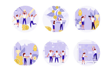 Set of startup circle stickers. Start new business project with team concept. Development process, Innovation product, creative idea isolated on white. Flat Art Vector illustration