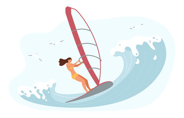Women rides the Barreled Rushing Waves or floating on paddle board. Happy character isolated on white background. Flat Art Vector illustration
