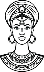 Animation portrait of the young African woman in a turban. Monochrome linear drawing. Vector illustration isolated on a white background. Print, poster, t-shirt, card.