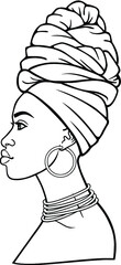 Animation portrait of the young African woman in a turban. Profile view. Monochrome linear drawing. Vector illustration isolated on a white background. Print, poster, t-shirt, card.