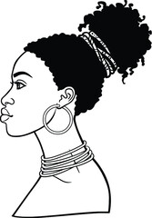 Animation portrait of the young African woman. Profile view. Monochrome linear drawing. Vector illustration isolated on a white background. Print, poster, t-shirt, card.