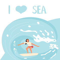 I love Sea square banner template People on summer vacation concept. A young woman Surfer rides the Wave. Flat Art Vector Illustration