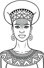 Animation portrait of the young beautiful African woman  in a crown and ethnic jewelry. Monochrome drawing. Vector illustration isolated on a white background. Be used for coloring book.
