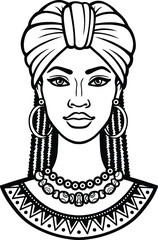 African beauty: animation portrait of the  beautiful black woman in a turban and Afro hair. Monochrome drawing. Vector illustration isolated on a white background. Print, poster, t-shirt, card.